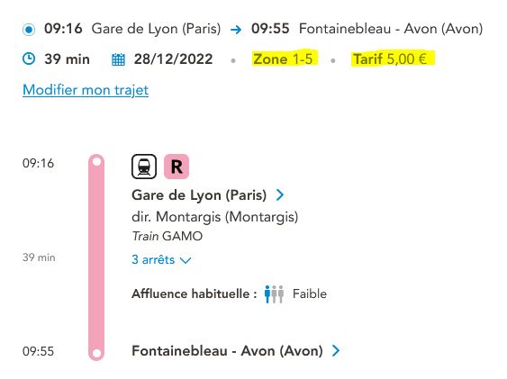 tarif Paris Gare de Lyon à Fontainebleau billet simple 5 €